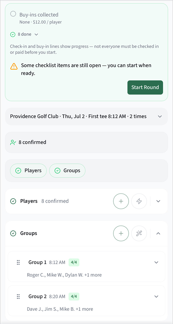 ScoringHQ — mobile manage-round view with a readiness checklist, confirmed players, groups and tee times, and a Start Round button