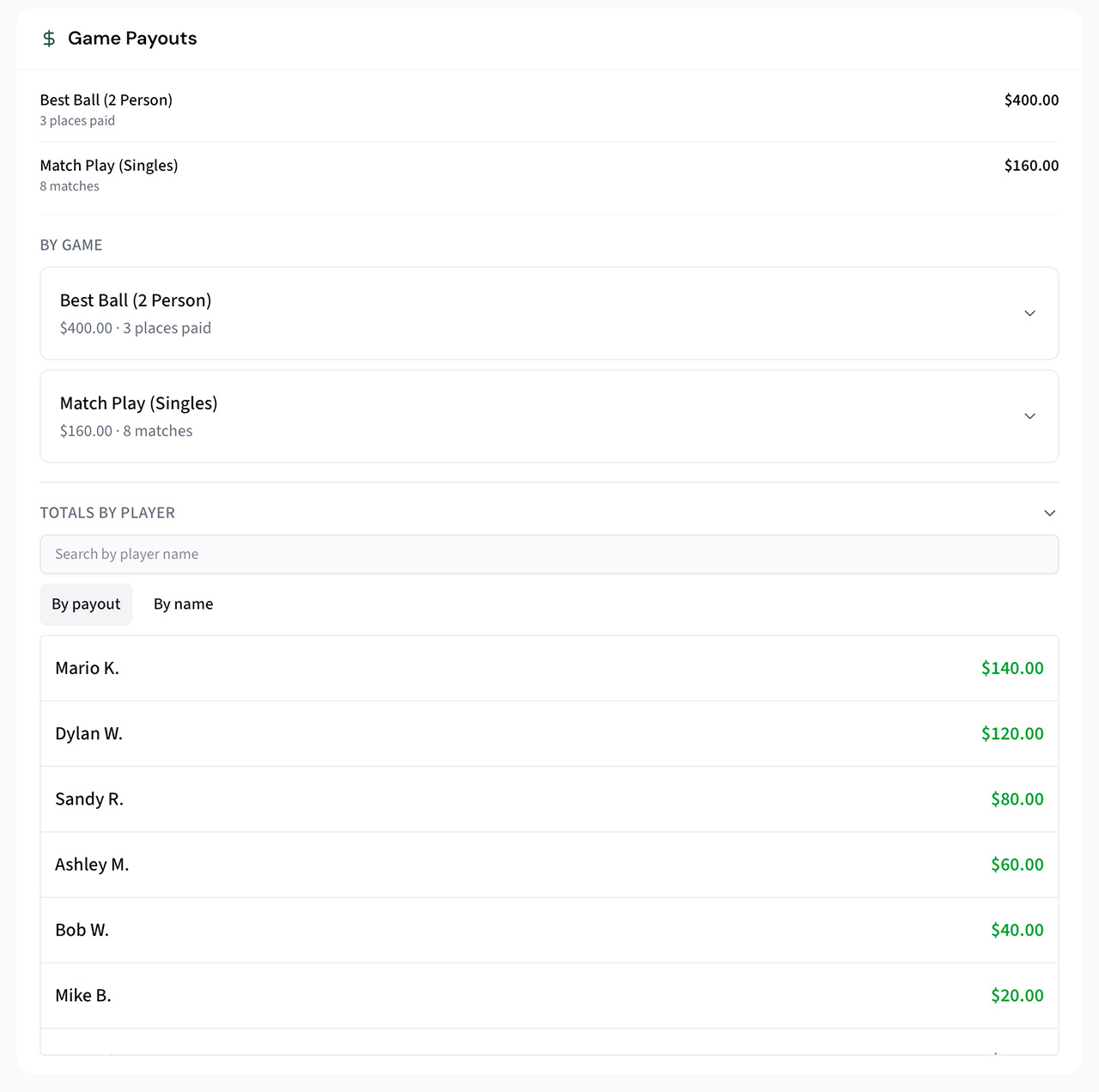 ScoringHQ — game payouts showing totals by game and a who-owes-who breakdown totaled by player for the round